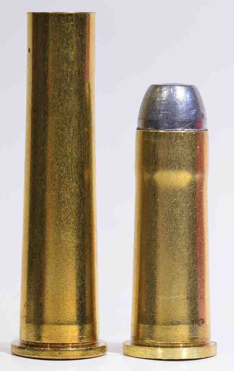The handmade 11.3x36 cartridge (right) beside the parent case .40-65 (left). All it requires is cutting the case off short, reducing the rim slightly with a belt sander and fireforming.